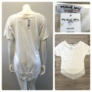 NWT MICHAEL STARS white short sleeve draped lace blouse top. 100% supima cotton